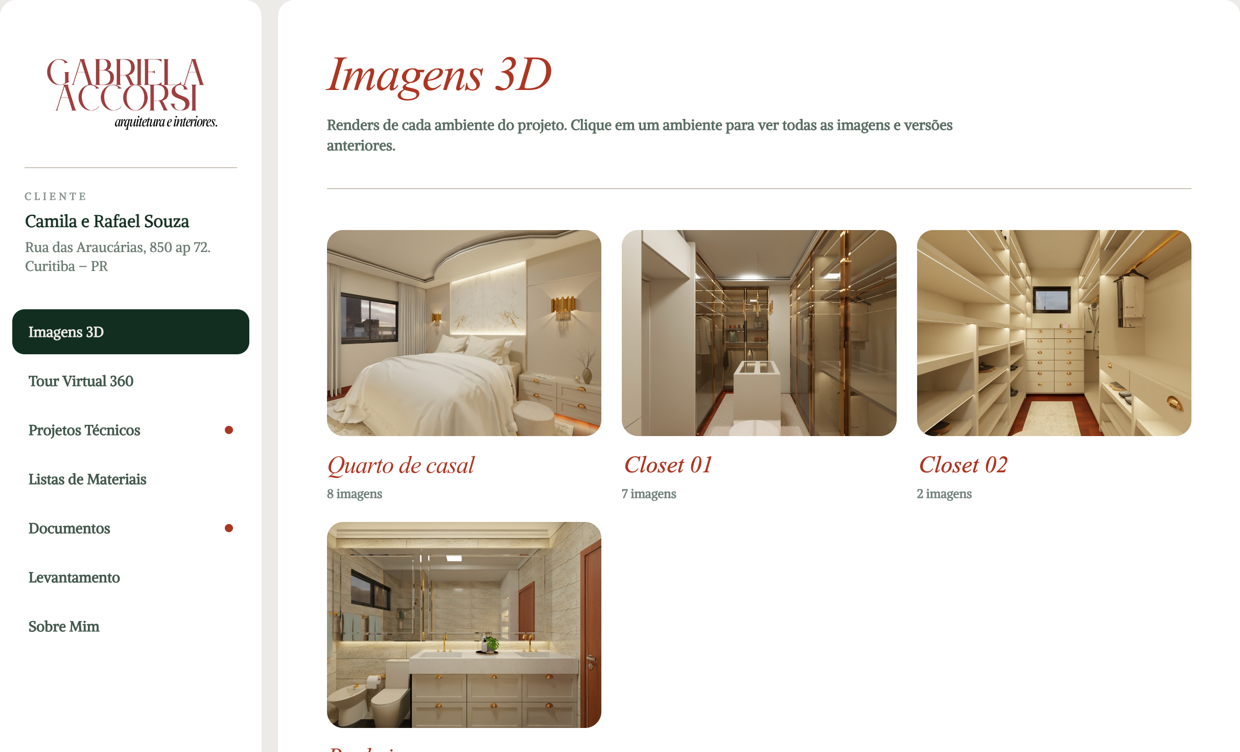 Plataforma do cliente — seção Imagens 3D, com renders organizados por ambiente.