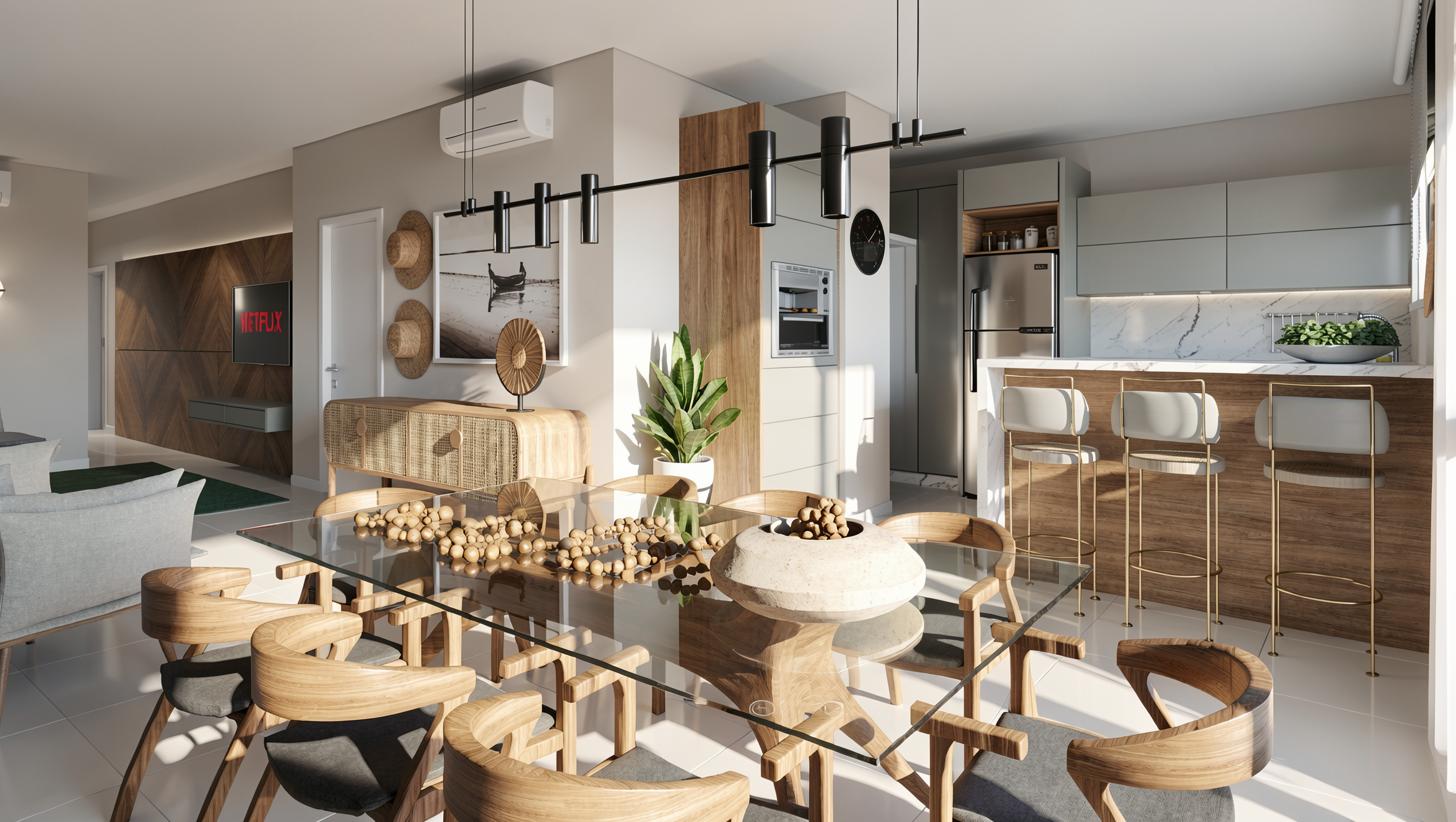 Apartamento decorado do Ed. Granada em clima natural — ambientes integrados com fibras trançadas, madeira clara e o branco que abre o espaço.