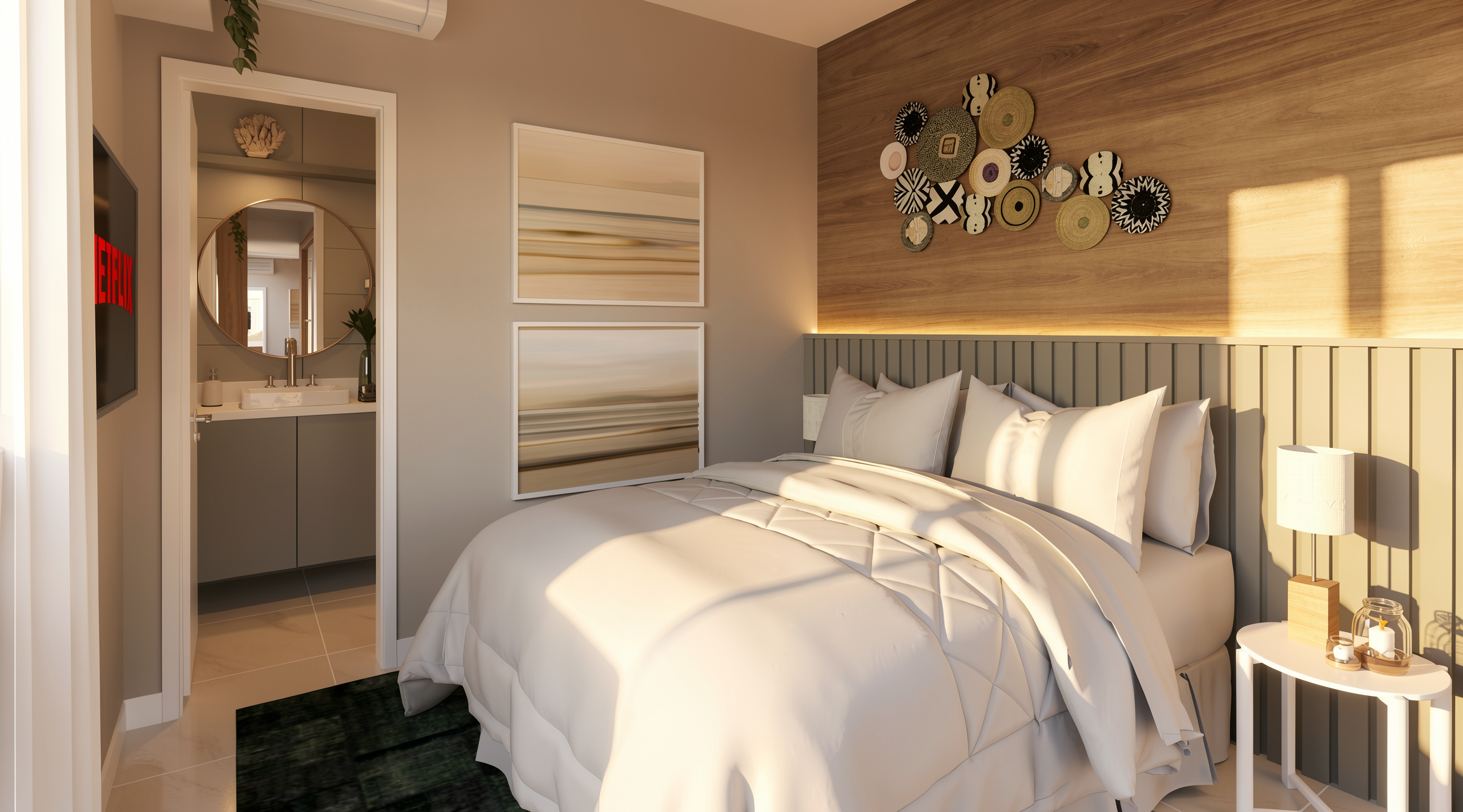 Dormitório do apartamento decorado do Ed. Granada — cabeceira ripada com painel de madeira e composição de pratos decorativos na parede.